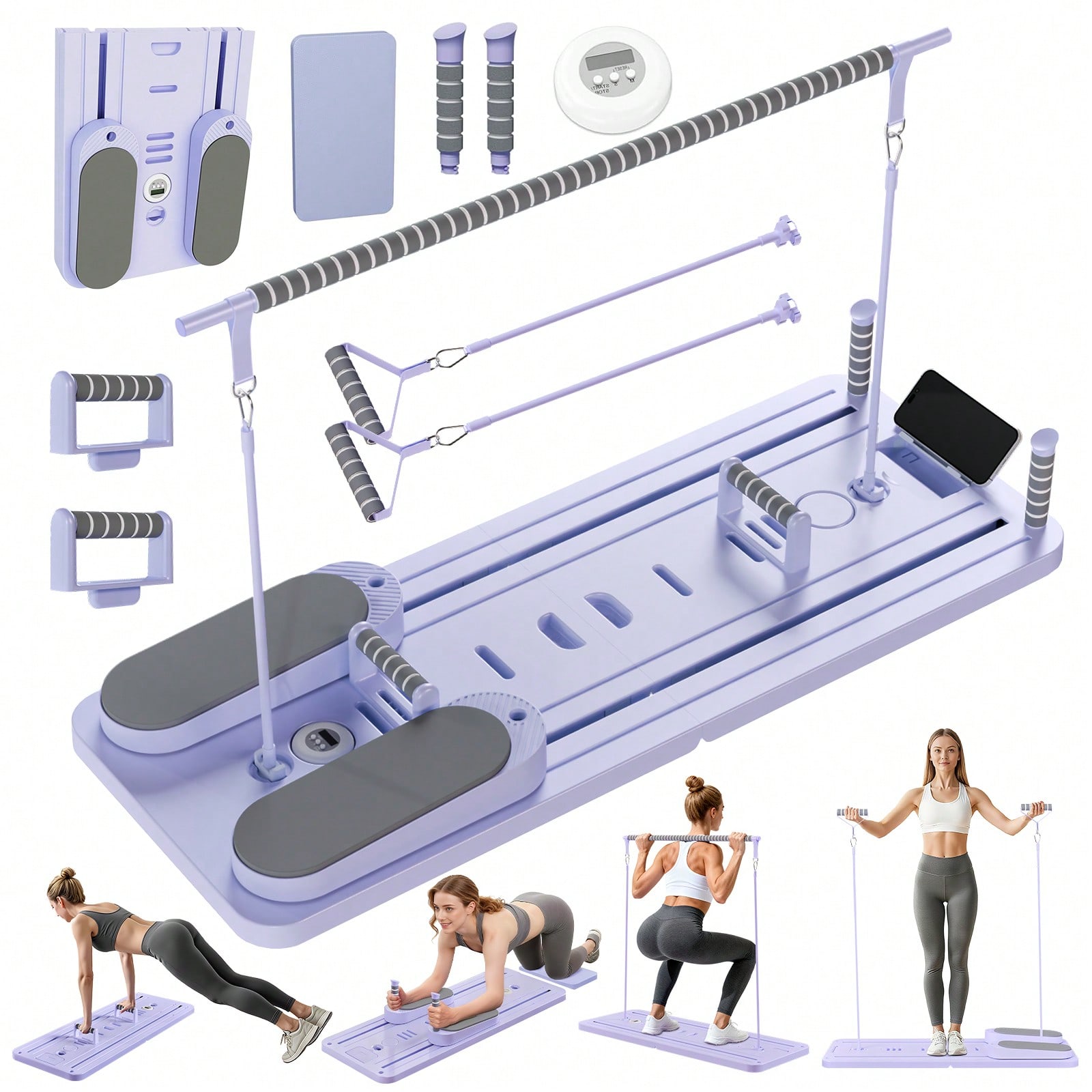 Pilates & Yoga En Talavera Raquel Díaz - เครื่องพิลาทิส รีฟอร์มเมอร์พร้อมบาร์, บอร์ดพิลาทิสพร้อมที่วางโทรศัพท์, เครื่องพิลาทิส รีฟอร์มเมอร์อเนกประสงค์แบบพับได้, เครื่องฝึกกล้ามเนื้อแกนกลางและหน้าท้อง,