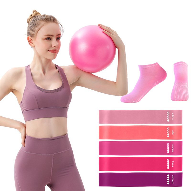 Pilates Yoga Ball Workout - ชุดอุปกรณ์ออกกำลังกายที่บ้าน ประกอบด้วยลูกบอลพิลาทิส ยางยืดออกกำลังกายแบบวง 5 ระดับ ลูกบอลโยคะขนาด