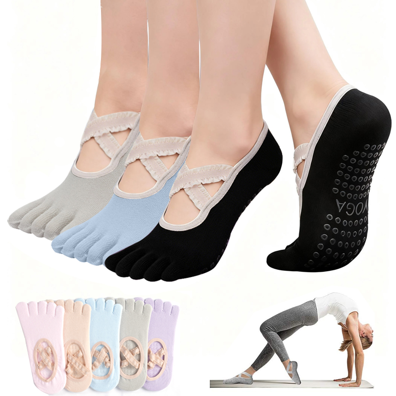 Pilates Yoga Ballet - ถุงเท้าพิลาทิสกันลื่นสำหรับผู้หญิง ถุงเท้าโยคะแบบผูกเชือก ถุงเท้ากีฬาฟิตเนสระบายอากาศ ถุงเท้าบัลเลต์สำหรับสตูดิโอพิลาทิส